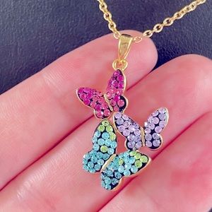 JCM Multi-Color Crystal Triple Butterfly Pendant Necklace
